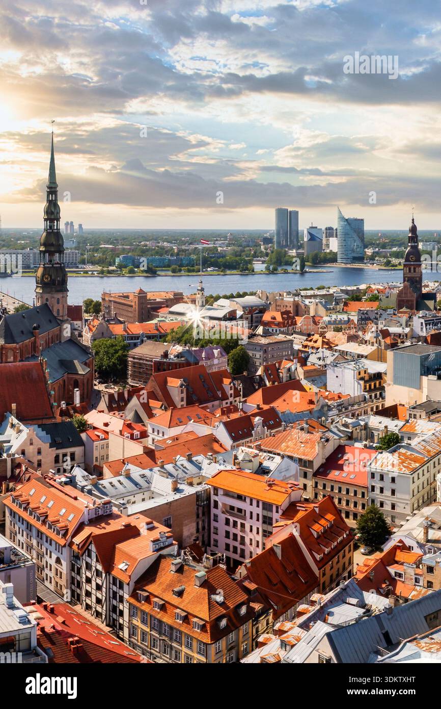 Aerial view of Riga, Latvia, highlighting the Monument of Freedom, red ...