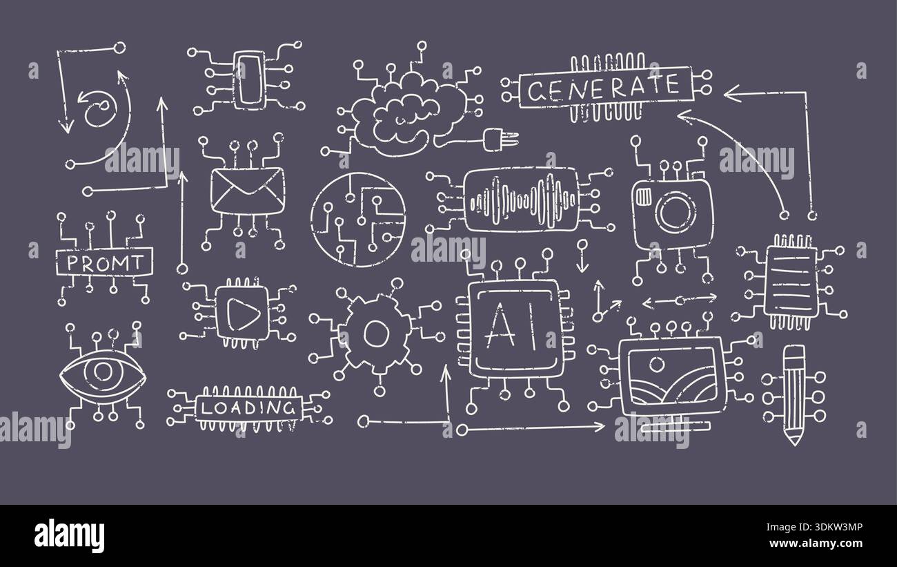 Set of doodle icon elements. Ai interface retro style illustration ...