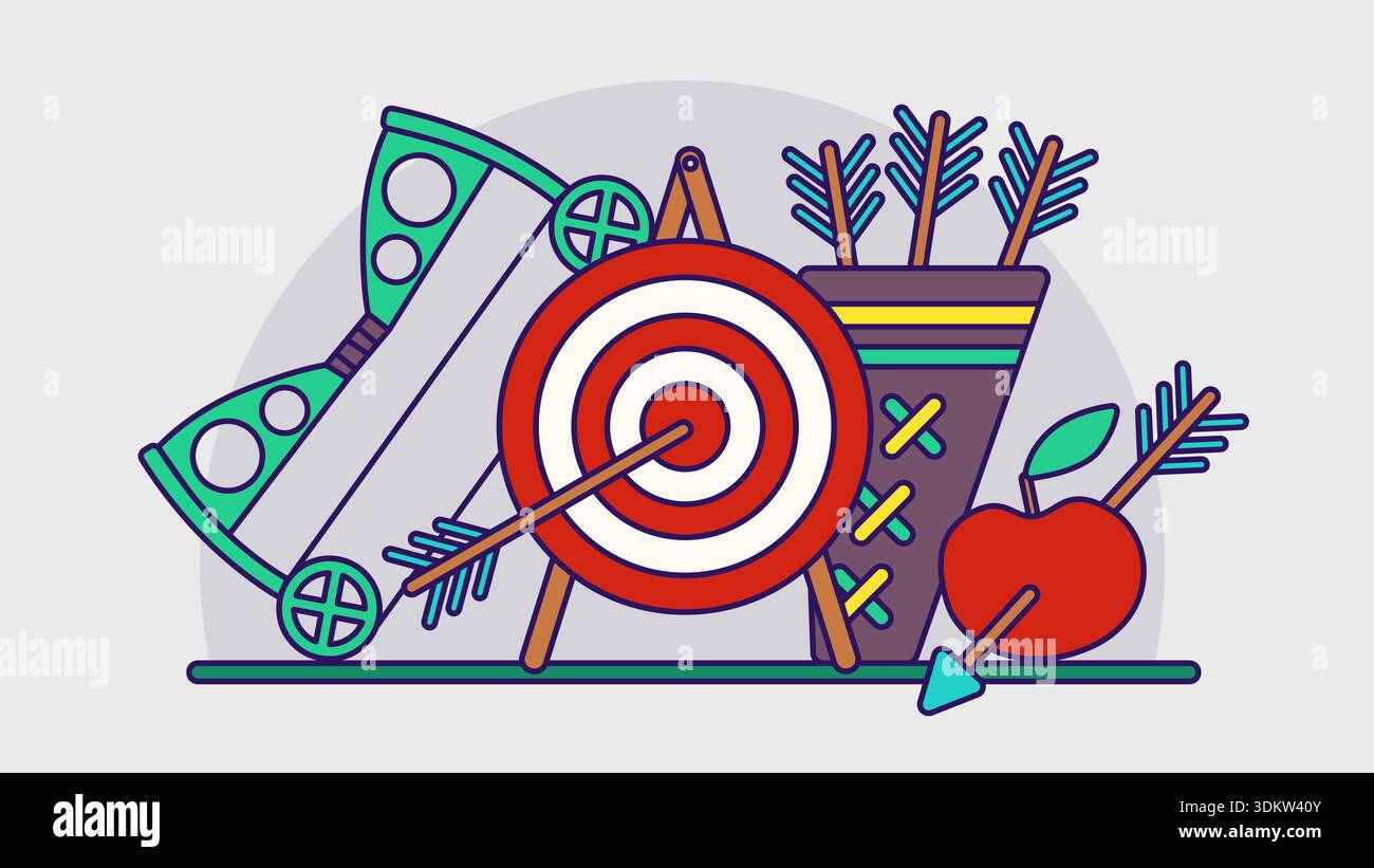 Archery competition outline illustration. Compound bow with target, arrows, apple and quiver Stock Vector