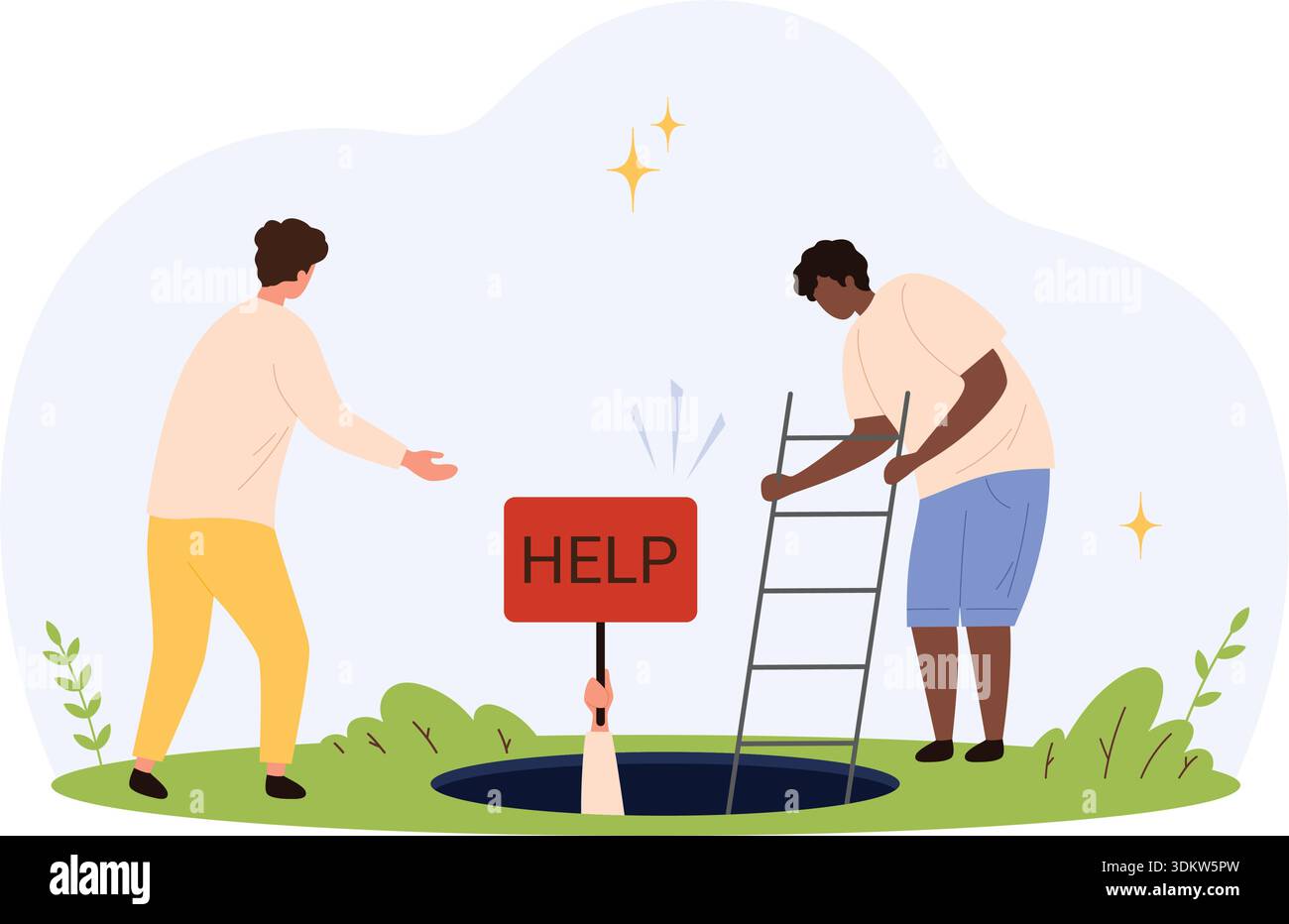 Two individuals assist someone trapped in a hole holding a help sign ...