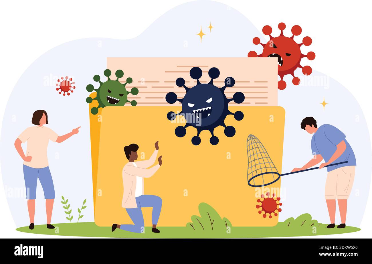 Tiny people confronting dangerous computer viruses attacking a digital ...