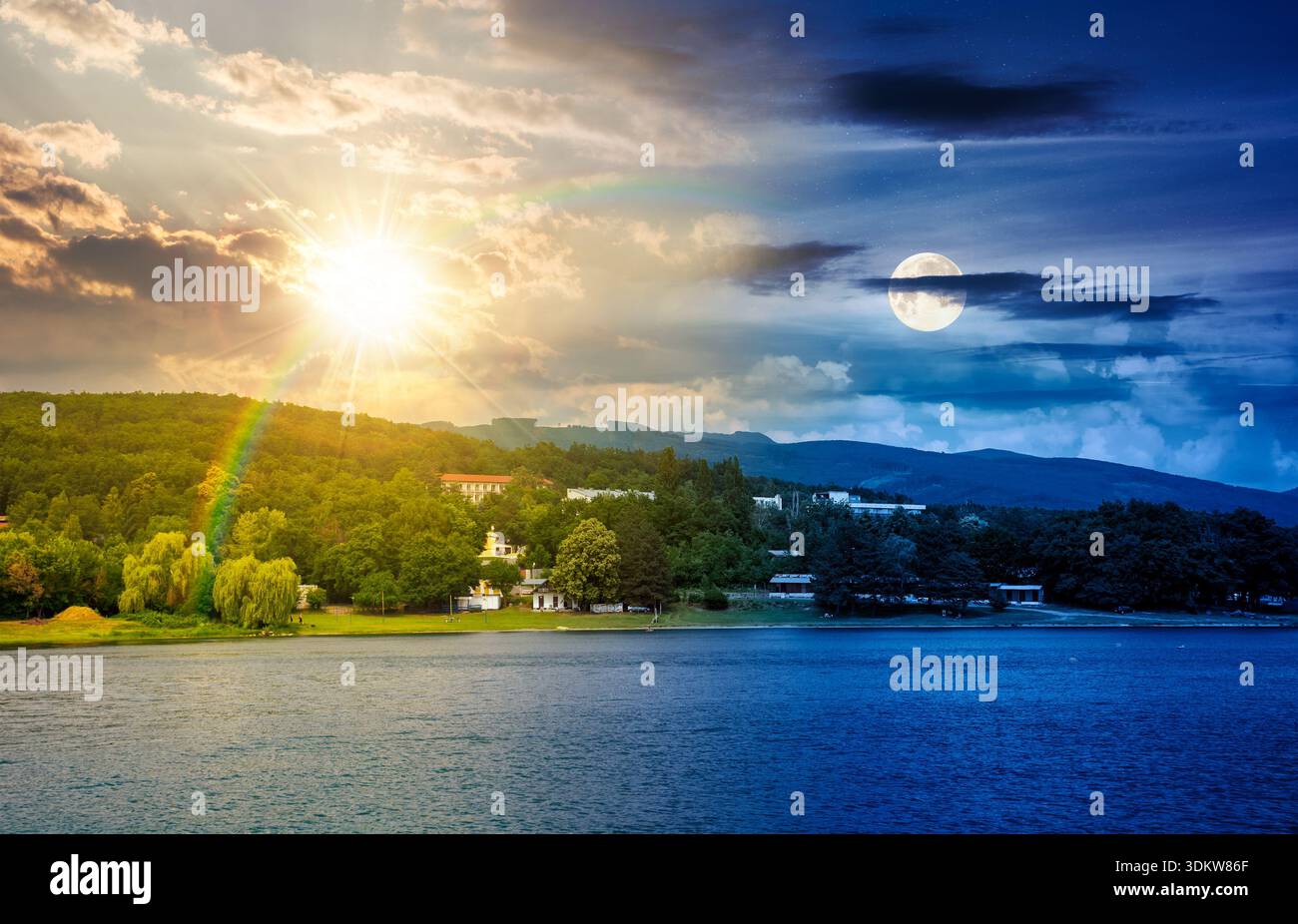 scenic landscape with shore of a lake on summer solstice. day and night time change concept. beautiful scenery of body of water with sun and moon at t Stock Photo