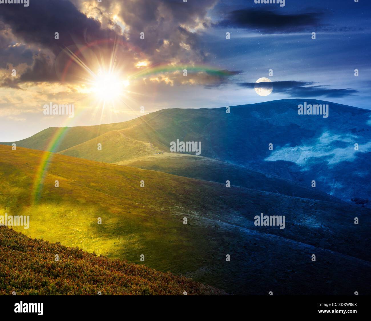 mountain landscape in summer. day and night time change concept. beautiful travel background with rolling hills. lush green grassy hillside with sun a Stock Photo