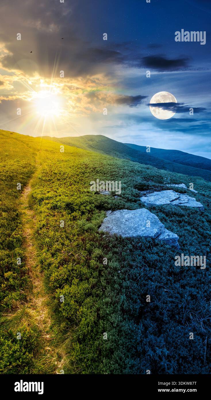 hiking trail through mountain landscape. day and night time change concept. mountains under sky with sun and moon at twilight. scenery with green gras Stock Photo