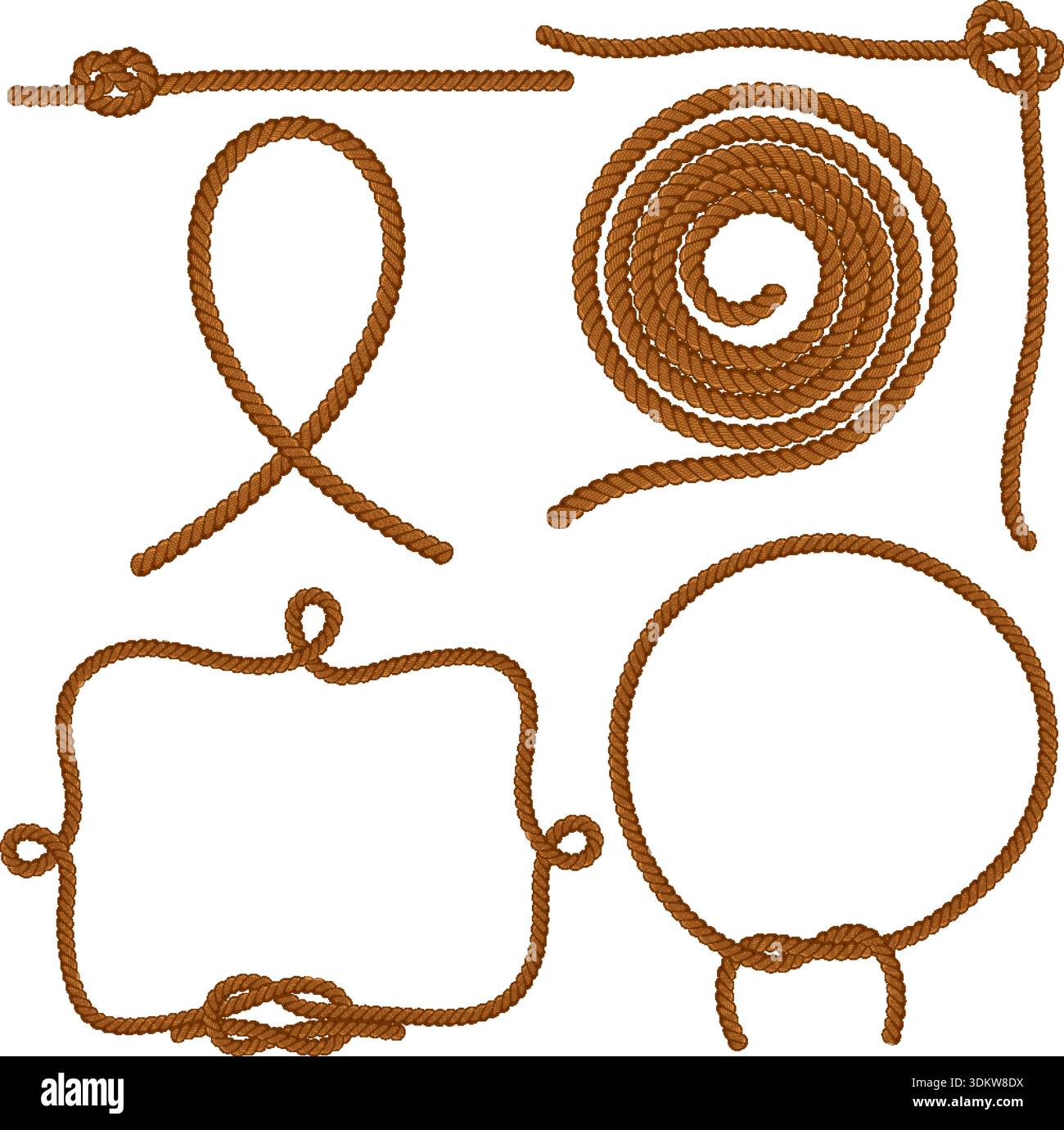 Set Ropes, Knots and Frames. Vector isolated on white background. Stock Vector