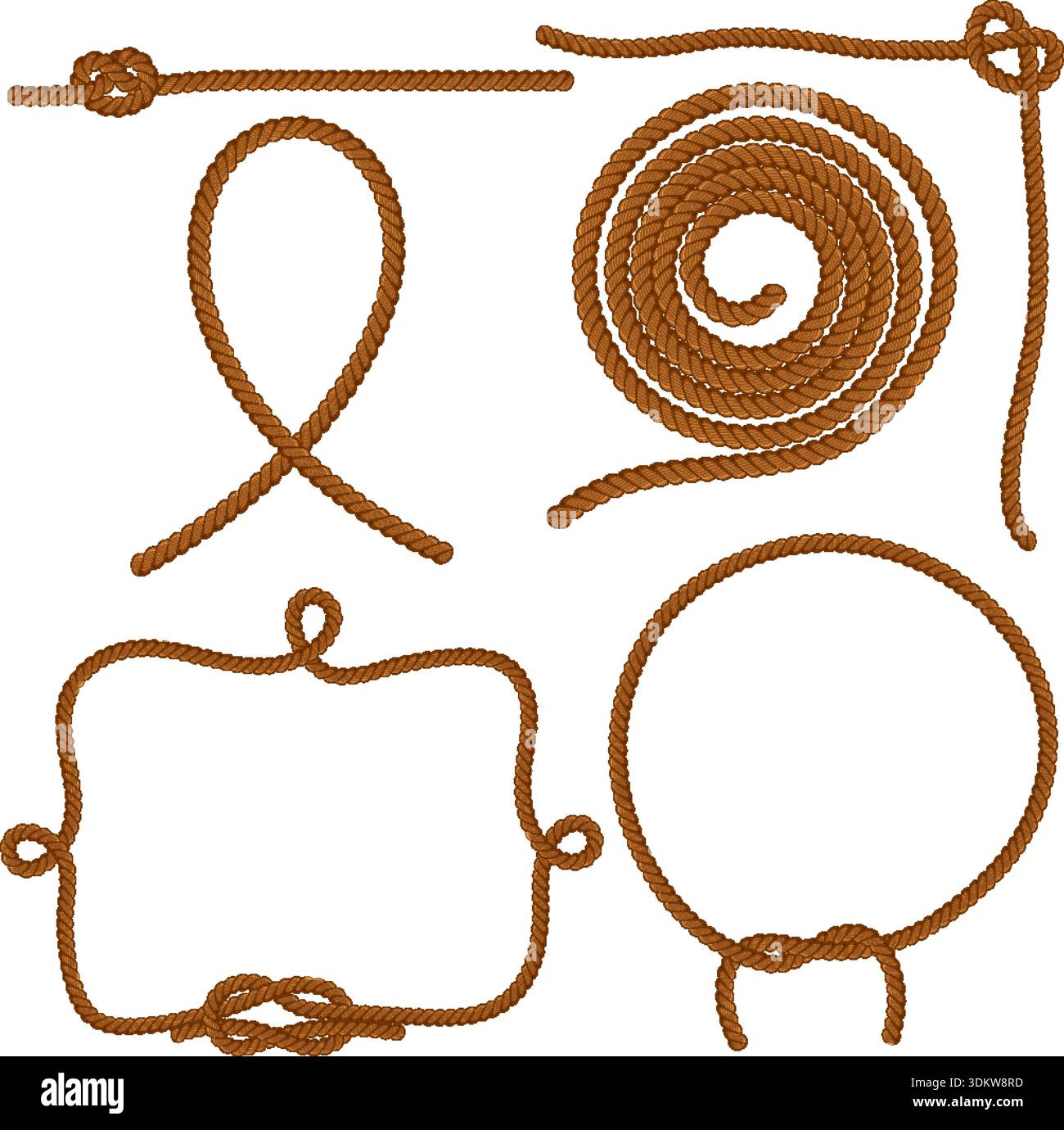 Set Ropes, Knots and Frames. Vector isolated on white background. Stock Vector