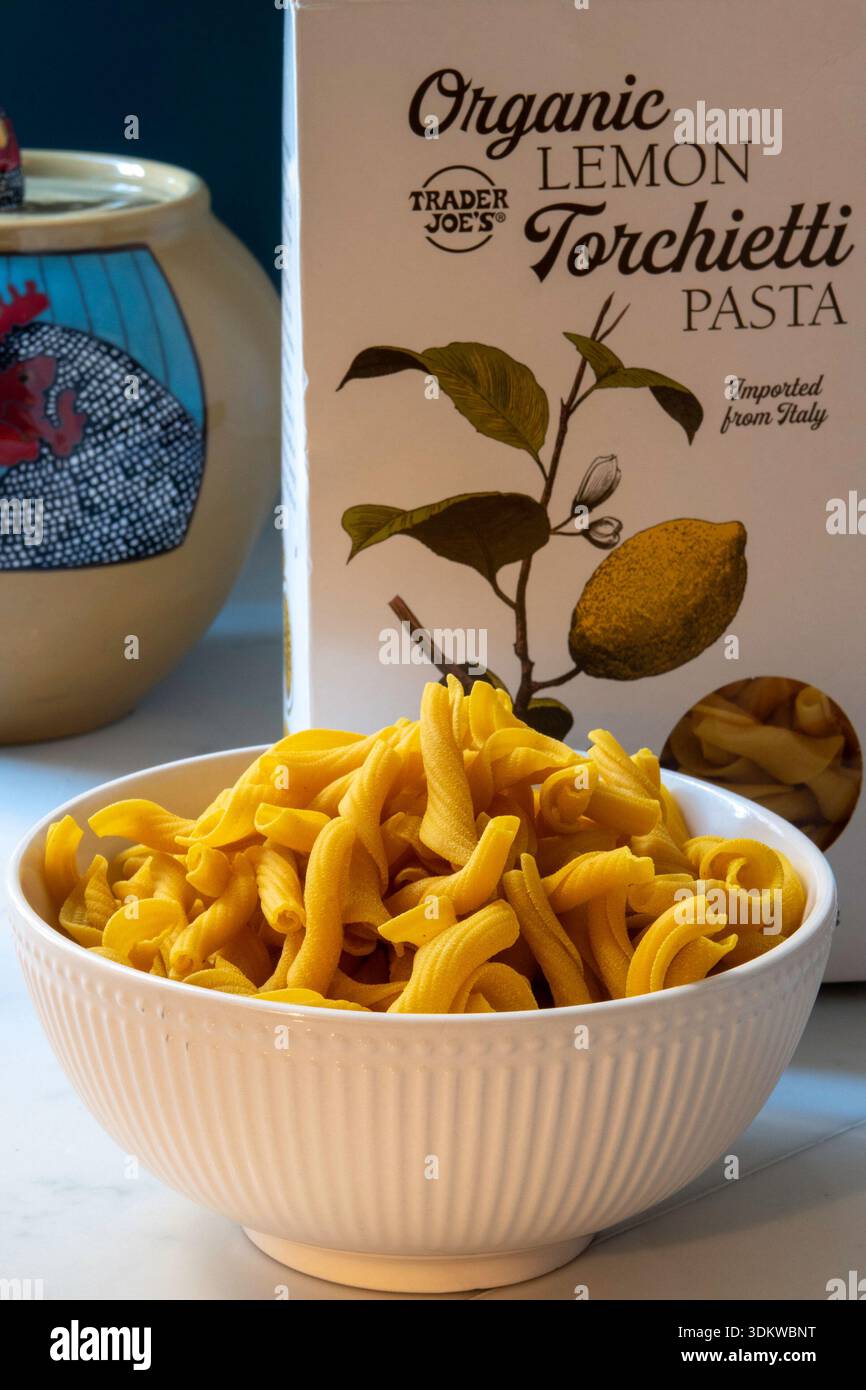 Still life of Trader Joe's  lemon torchietti dried pasta, 2026, USA Stock Photo