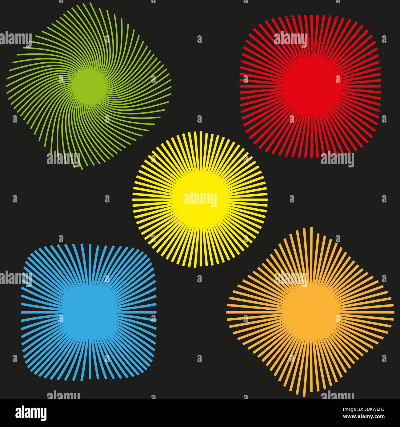 Beautiful sunburst explosions. Radiant starburst patterns. Magnificent ray Vector. Incredible color symbols. EPS 10. Stock Vector