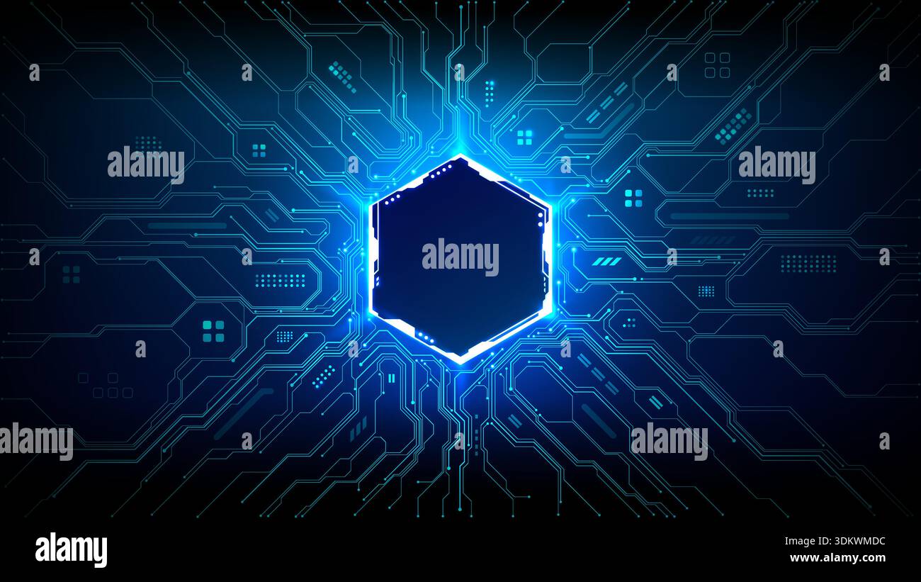 Glowing circuit board with neon hexagon HUD display Stock Vector Image ...