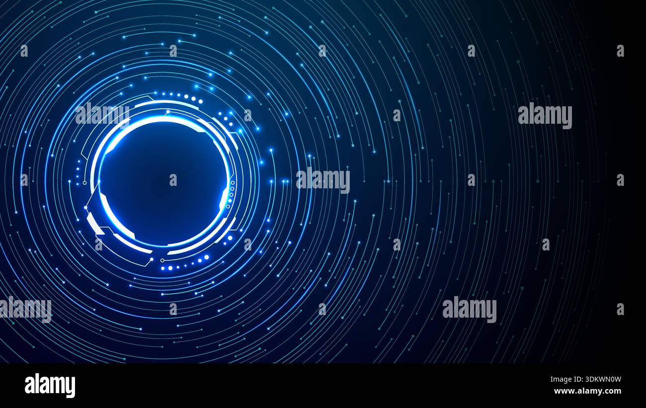 Glowing circuit board with neon HUD interface. Stock Vector