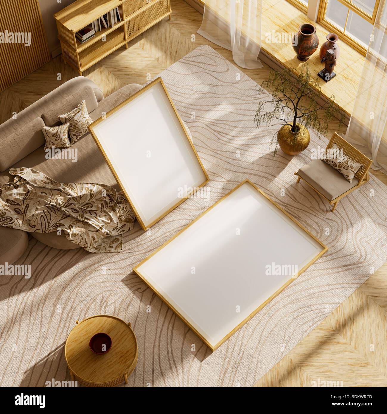 Warm neutral flat layout styled with rattan and wood creating calm ...