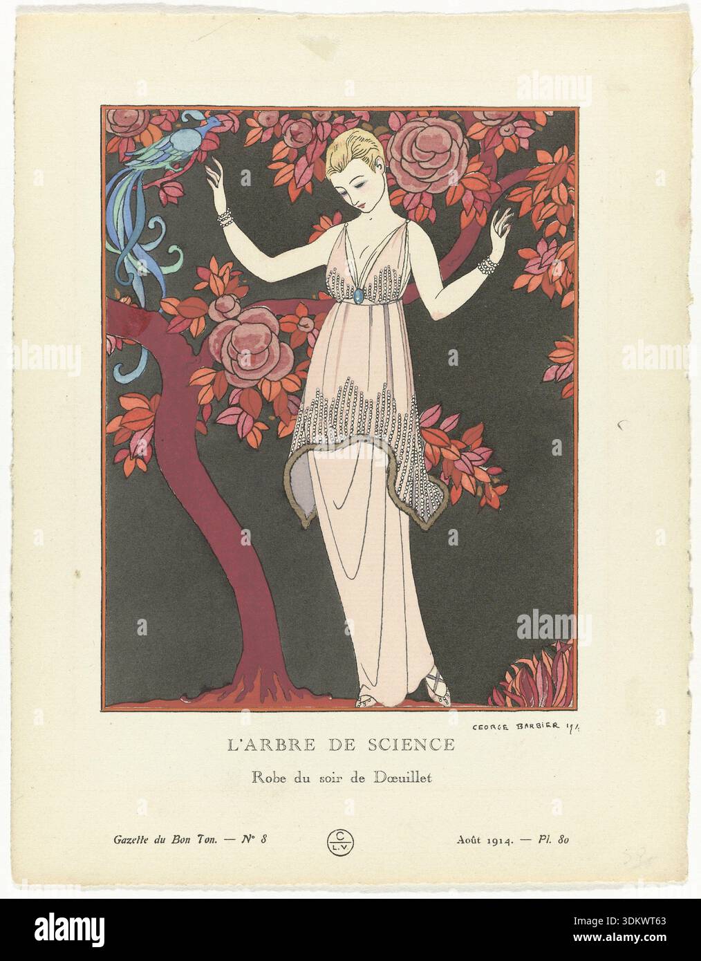 Art Nouveau fashion illustration titled The Tree of Knowledge, showing an evening  dress by Doeuillet, with a stylized female figure posed beside a flowering  tree and a bird with long tail feathers.