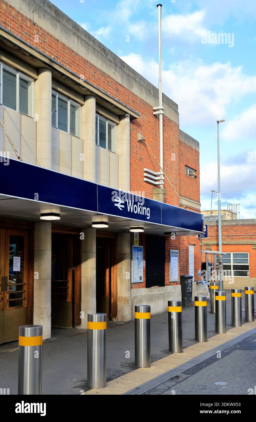 Woking main line train station entrance and art deco façade, Surrey ...