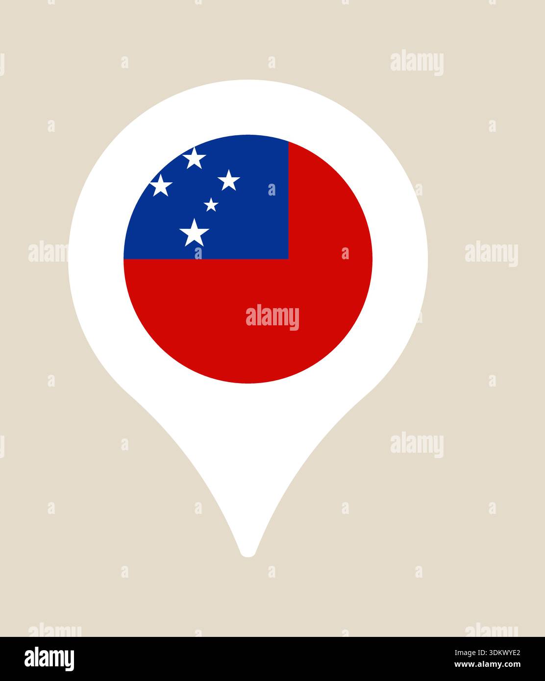 Samoa national flag within a white map pin icon, representing a travel destination location on a beige background.. Stock Vector