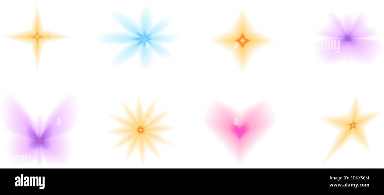 Gradient y2k icons figures. Blur aura gradation stars, hearts shapes. Blinks, flowers and butterfly transparent yellow forms. Vector purple, blue blen Stock Vector