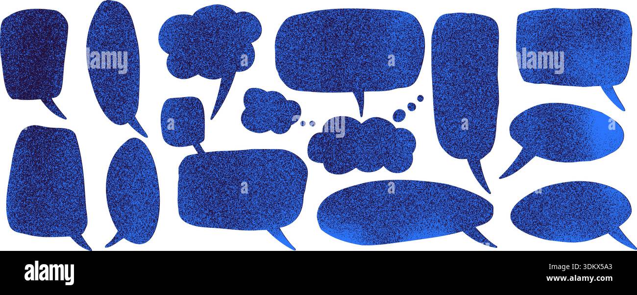 Grain textures spray speech bubbles icons. Neon blue balloons text ...