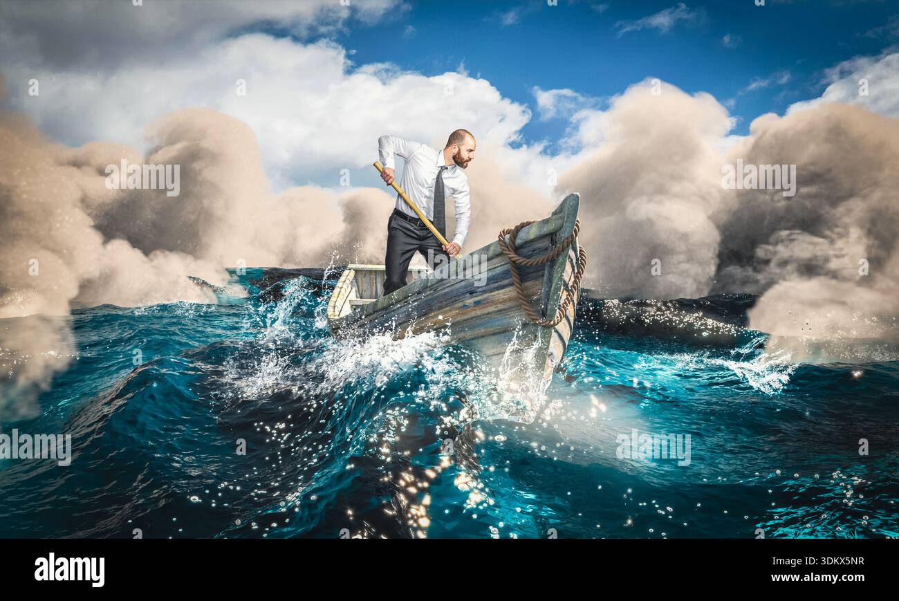 Businessman navigating rough sea challenging business Stock Photo