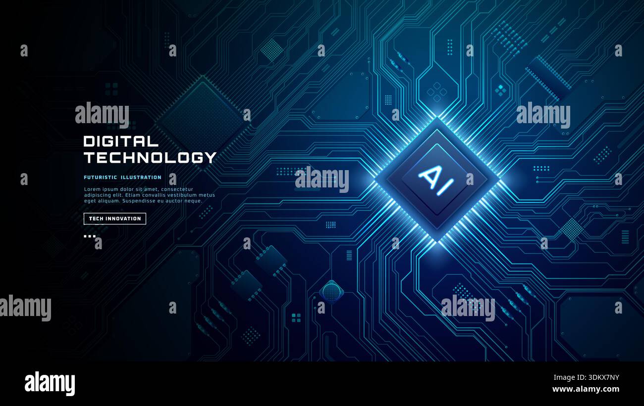 AI semiconductor chip icon centered on circuit board  Stock Vector