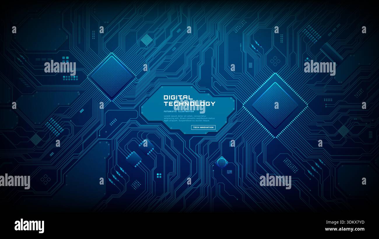 High-tech circuit board background with central text block space Stock Vector