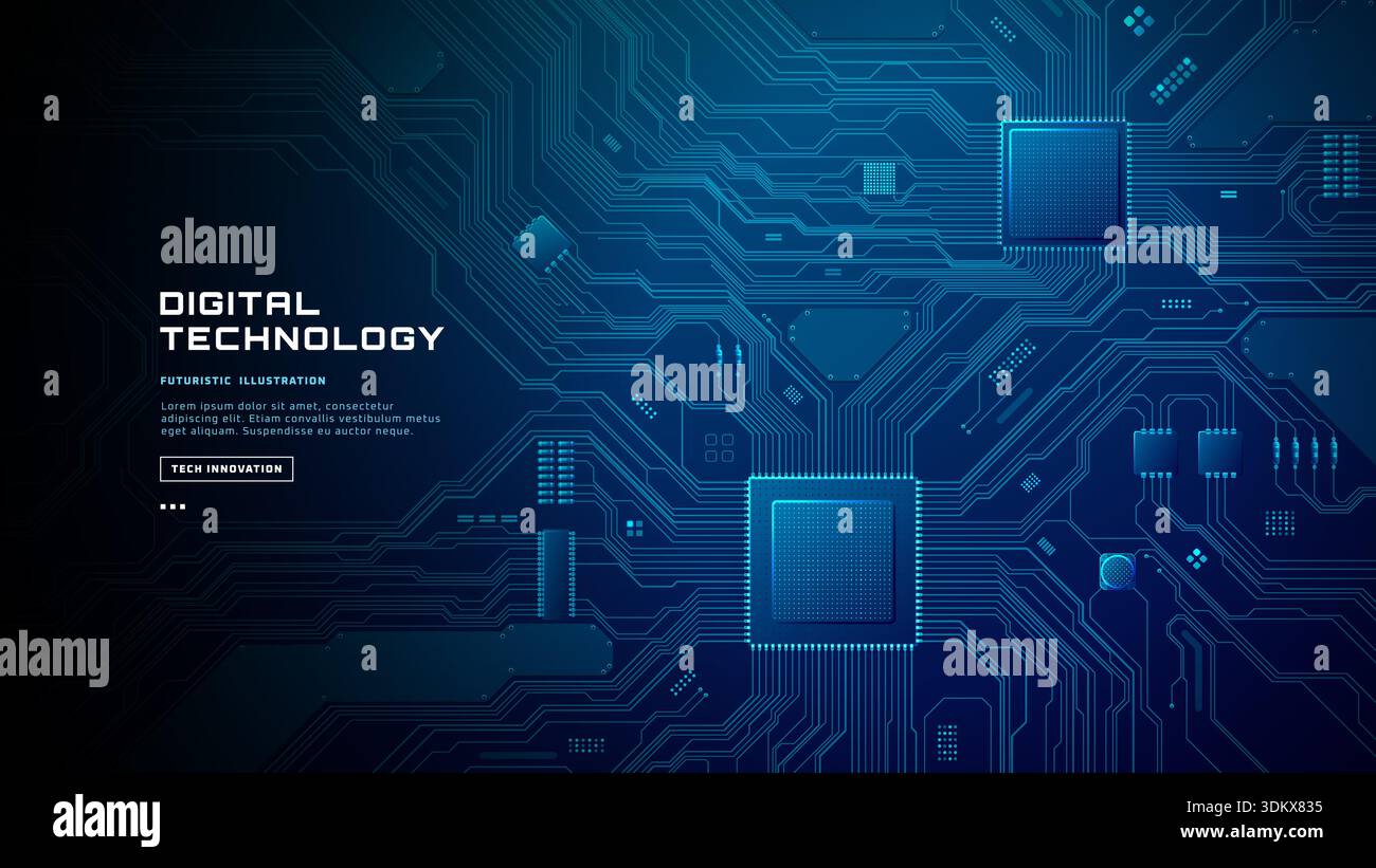 Abstract technological background featuring illuminated microchip Stock Vector