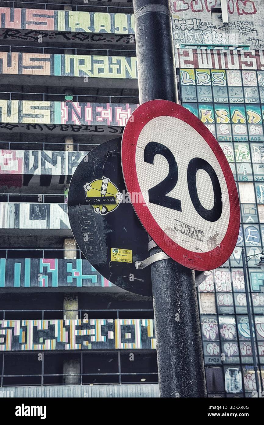 Helch graffiti adorns a car park office block in Shoreditch, London, UK ...