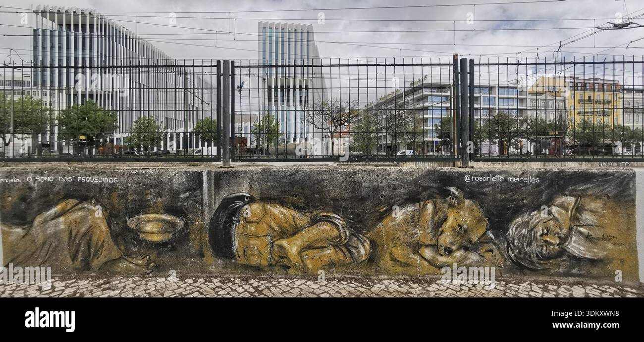 Homeless Backdrop Street art depicts homeless people against a modern urban backdrop ...