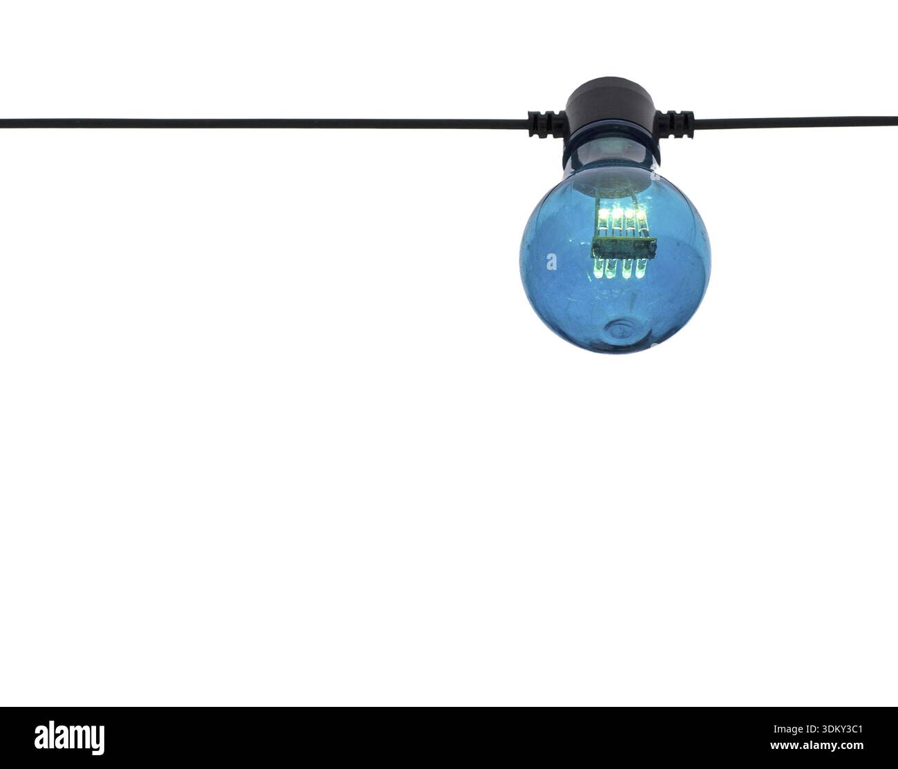 Blue color lightbulb on string isolated on white Stock Photo