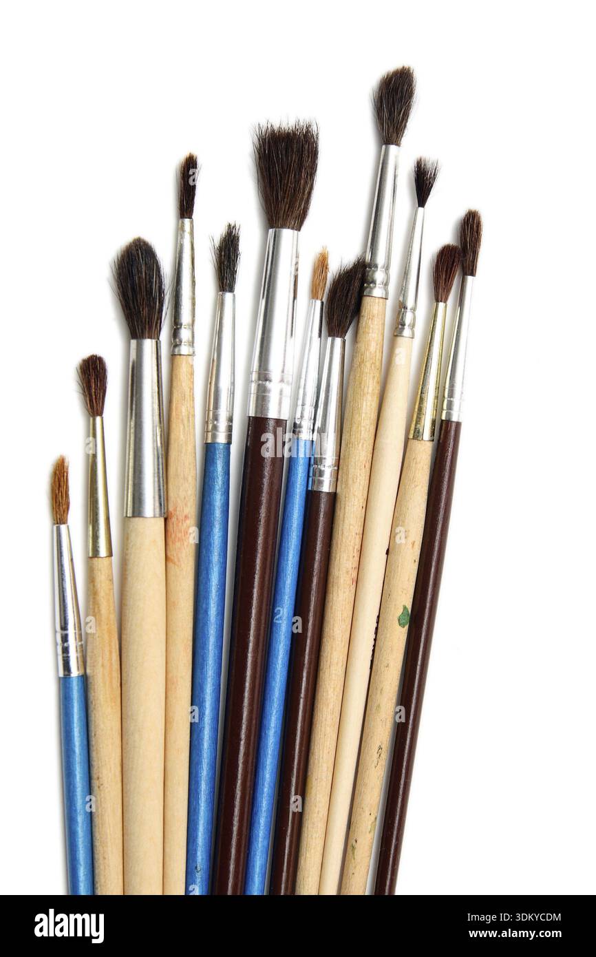 Brushes of various sizes for watercolors on white background Stock Photo