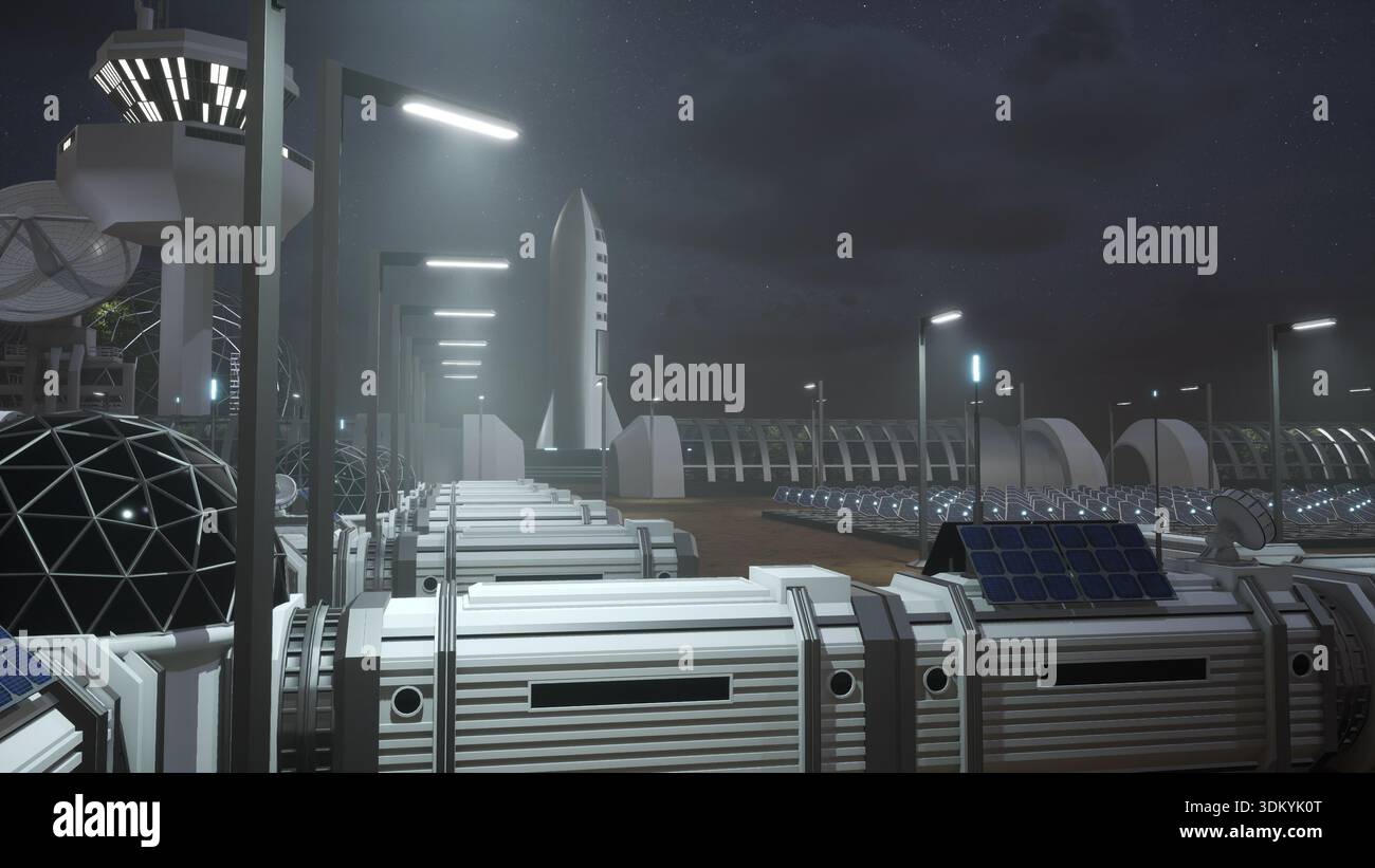 High tech extraterrestrial planet human outpost control tower manages landings for rockets late at night. Futuristic dimly lit spaceport on Martian settlement used as hub for interplanetary travel Stock Photo