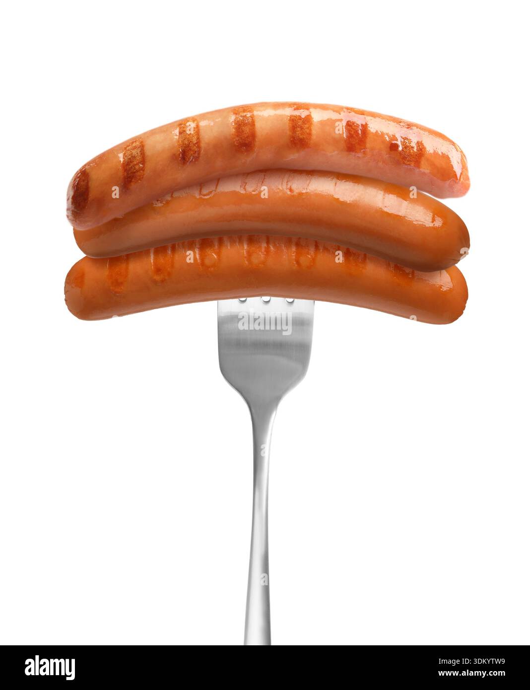 Grilled sausages on fork against white background Stock Photo
