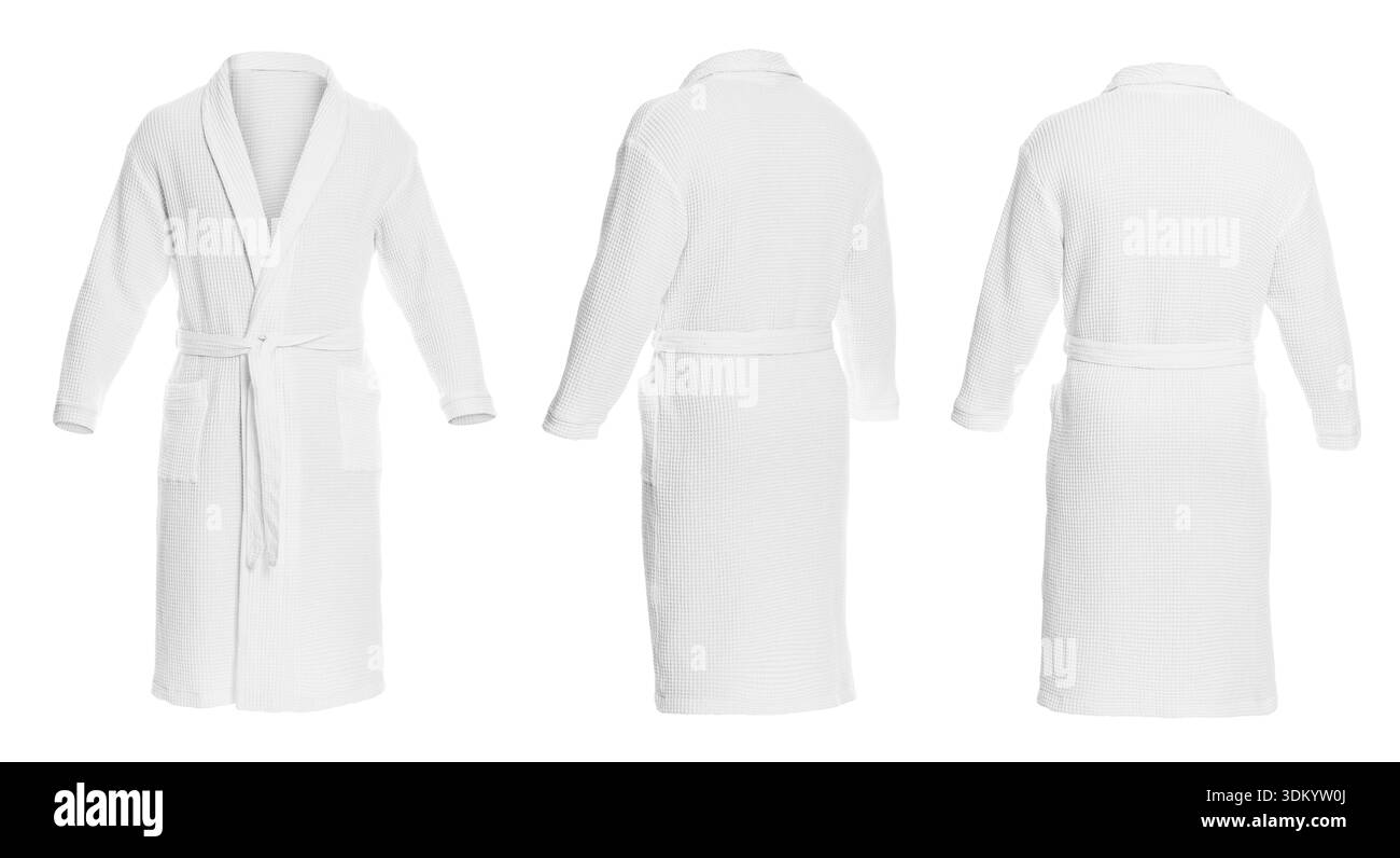 Bathrobe with belt isolated on white, back and front view Stock Photo ...
