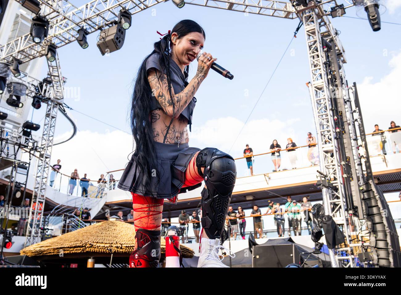Romy of DeathbyRomy performs during the ShipRocked cruise on Thursday ...