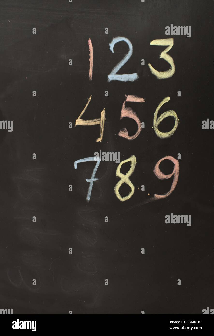 Numbers 1-9 in colored chalk on blackboard Stock Photo