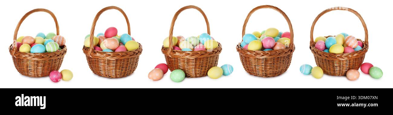Bright Easter eggs and wicker basket isolated white background, set ...