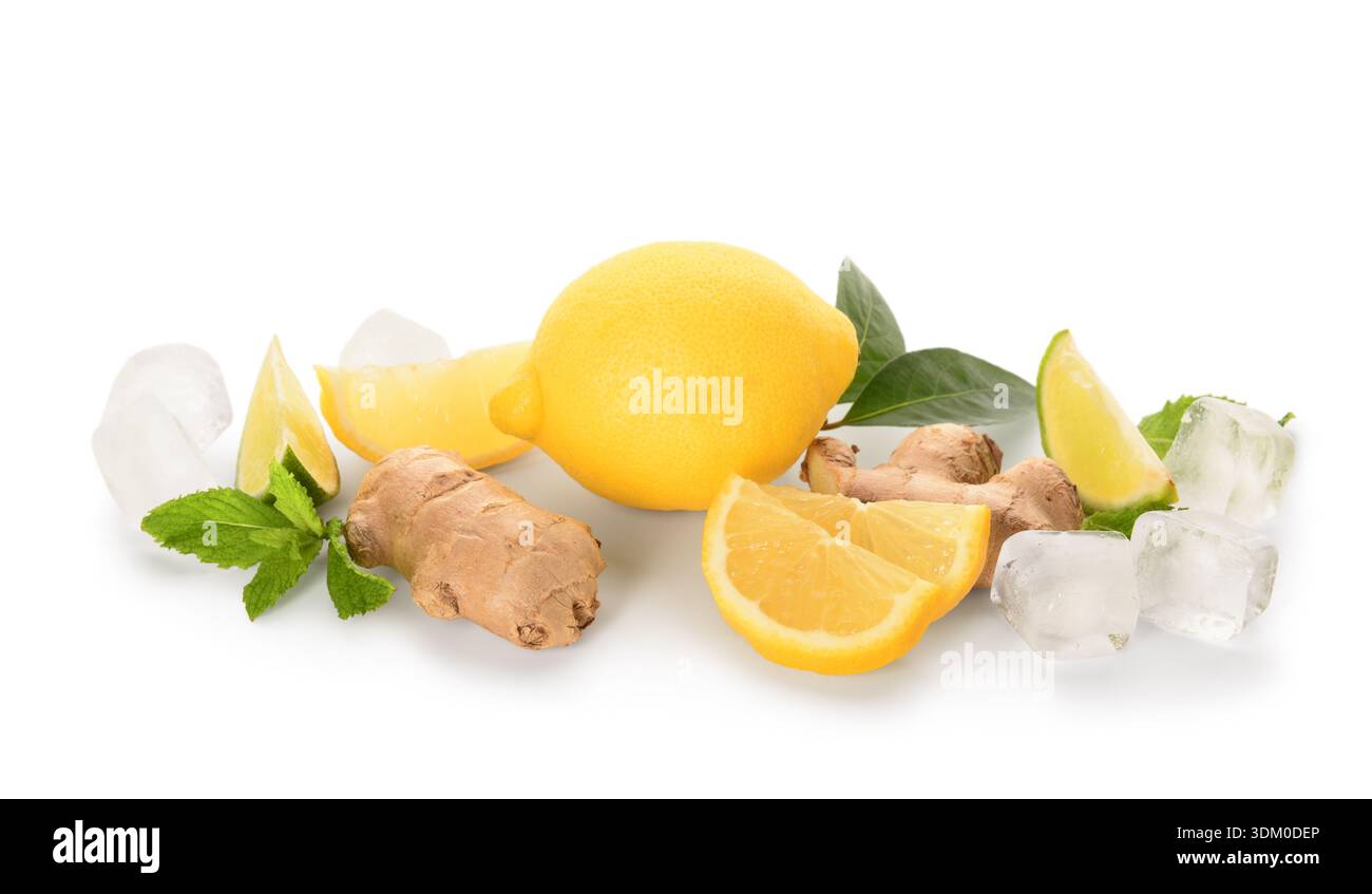 Ingredients for preparing lemonade on white background Stock Photo