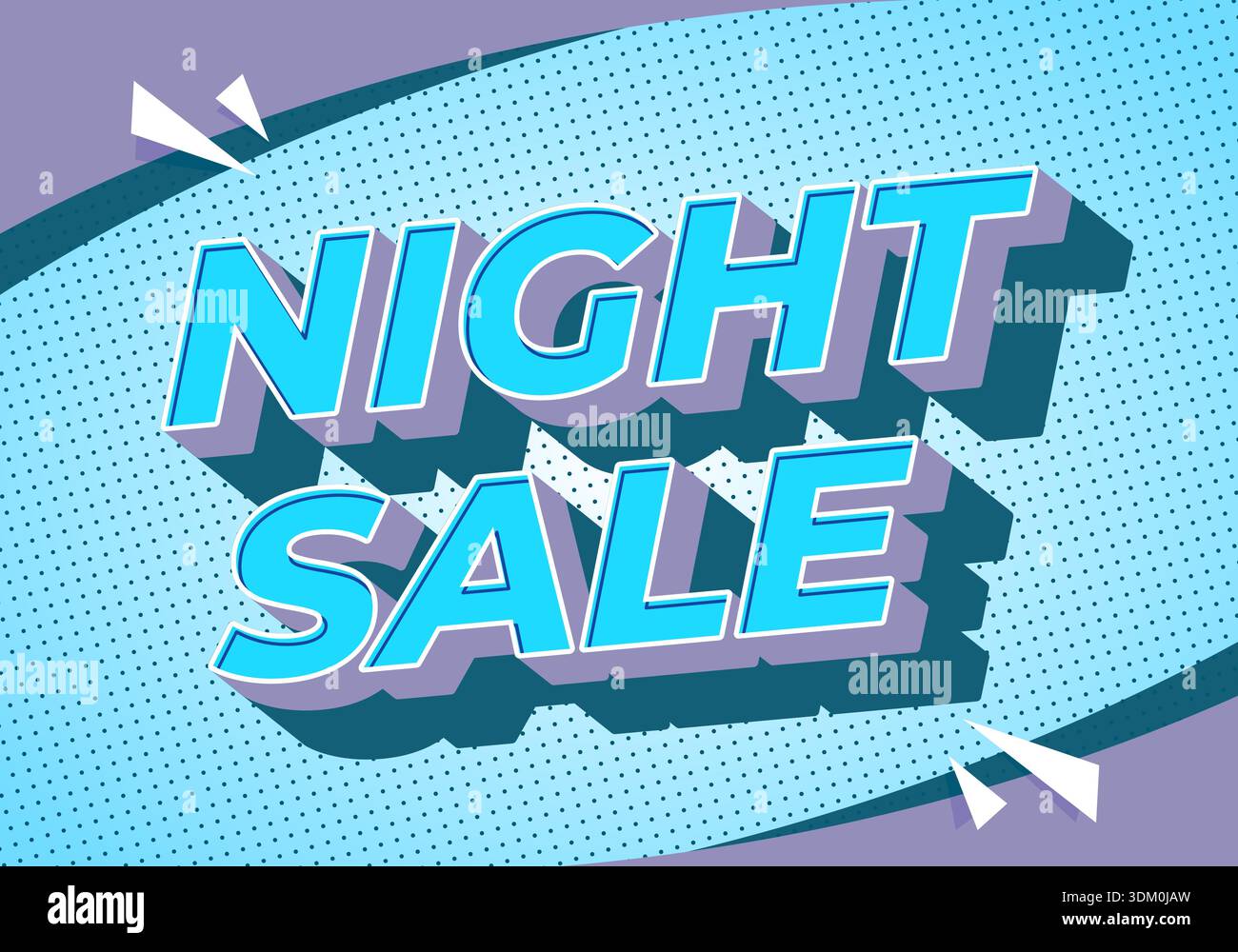 Pop art style night sale promo banner with bold 3d lettering, halftone dots, teal and purple background, comic burst accents and long shadows. - Stock Image