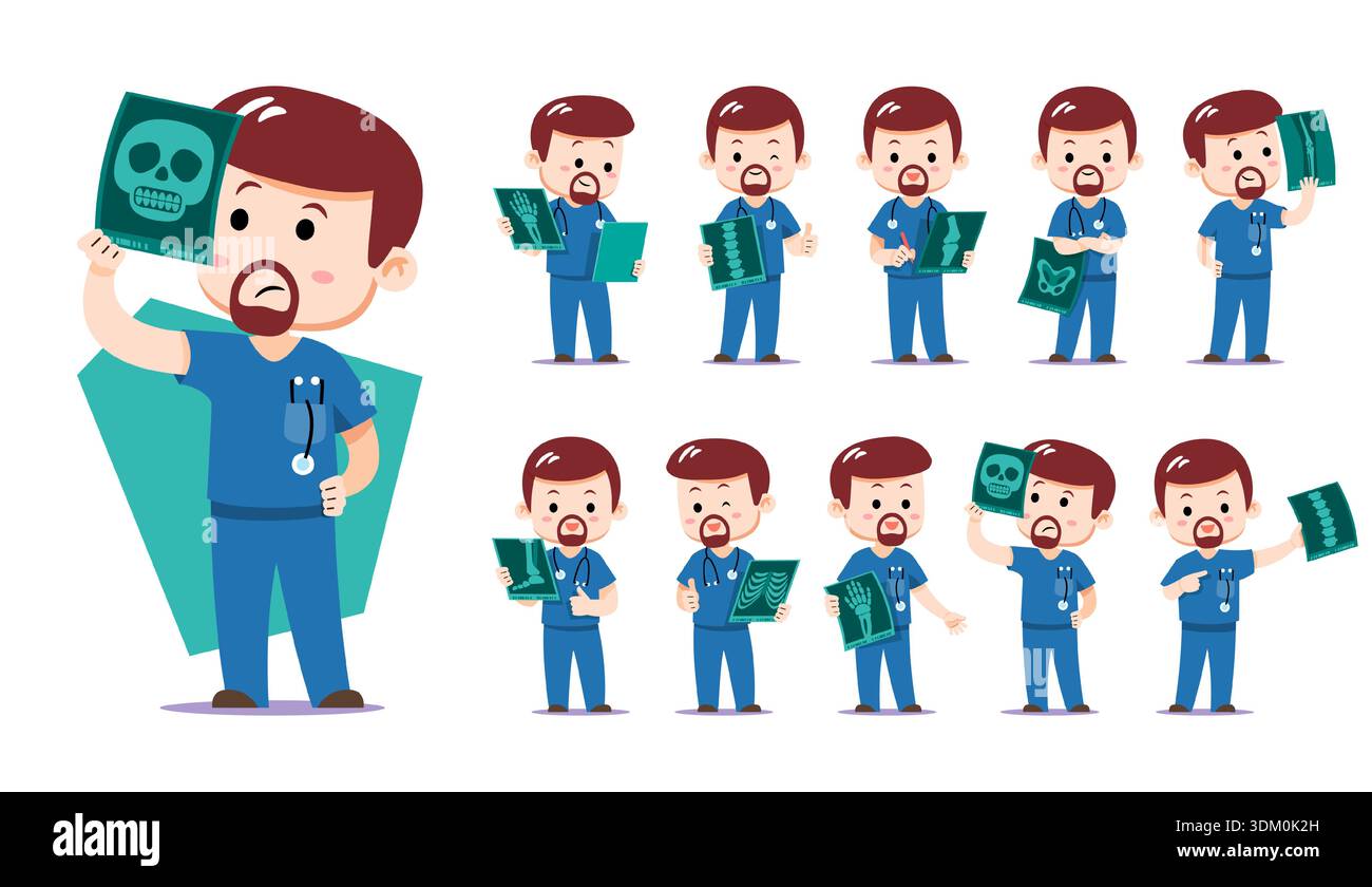 Cute chibi male orthopedist doctor character set in blue scrubs. Flat ...