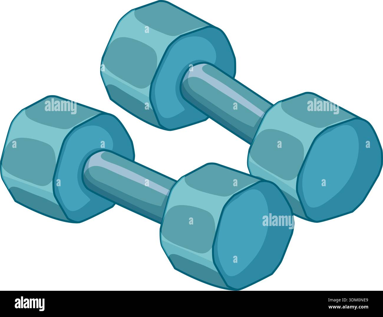 Two blue hexagonal dumbbells rendered in a clean vector style on a white background Stock Vector