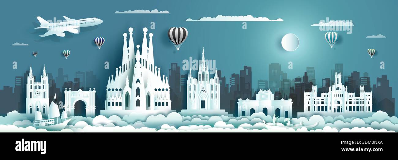 Travel landmark europe city destination ancient of Spain in barcelona, madrid and plaza. Tour landmarks ancient architecture of spanish with gondola, Stock Vector