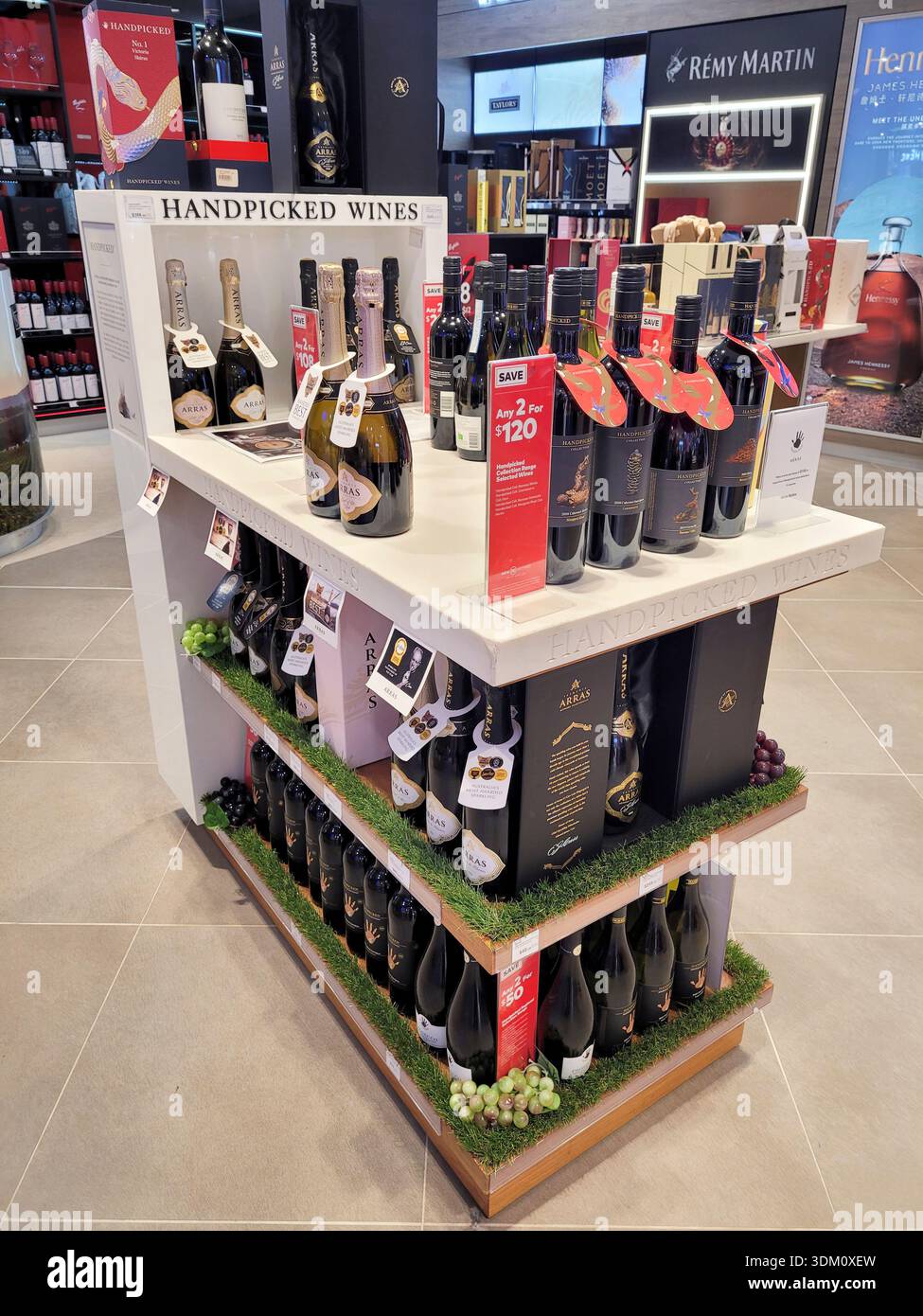 Duty-free shop selling wine and liqueurs at Denpasar Airport, Bali,  Indonesia Stock Photo