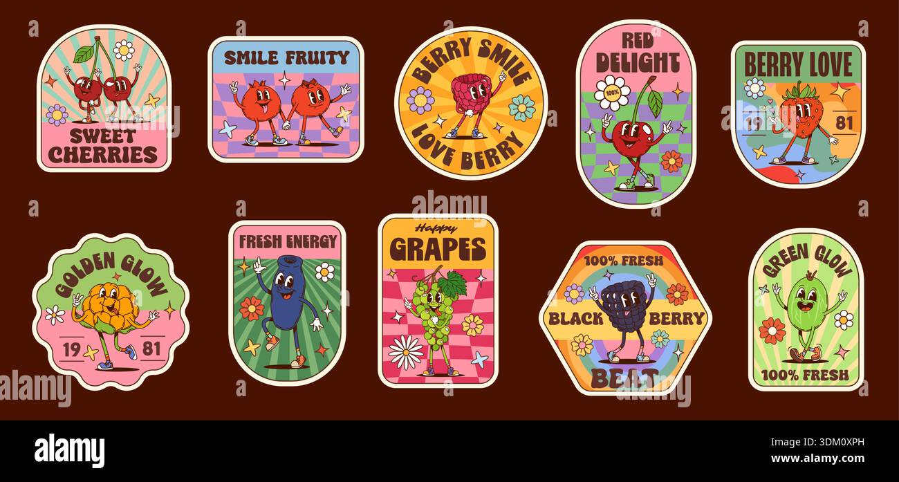 Berry groovy label stickers, fruits retro patches. Vector sweet