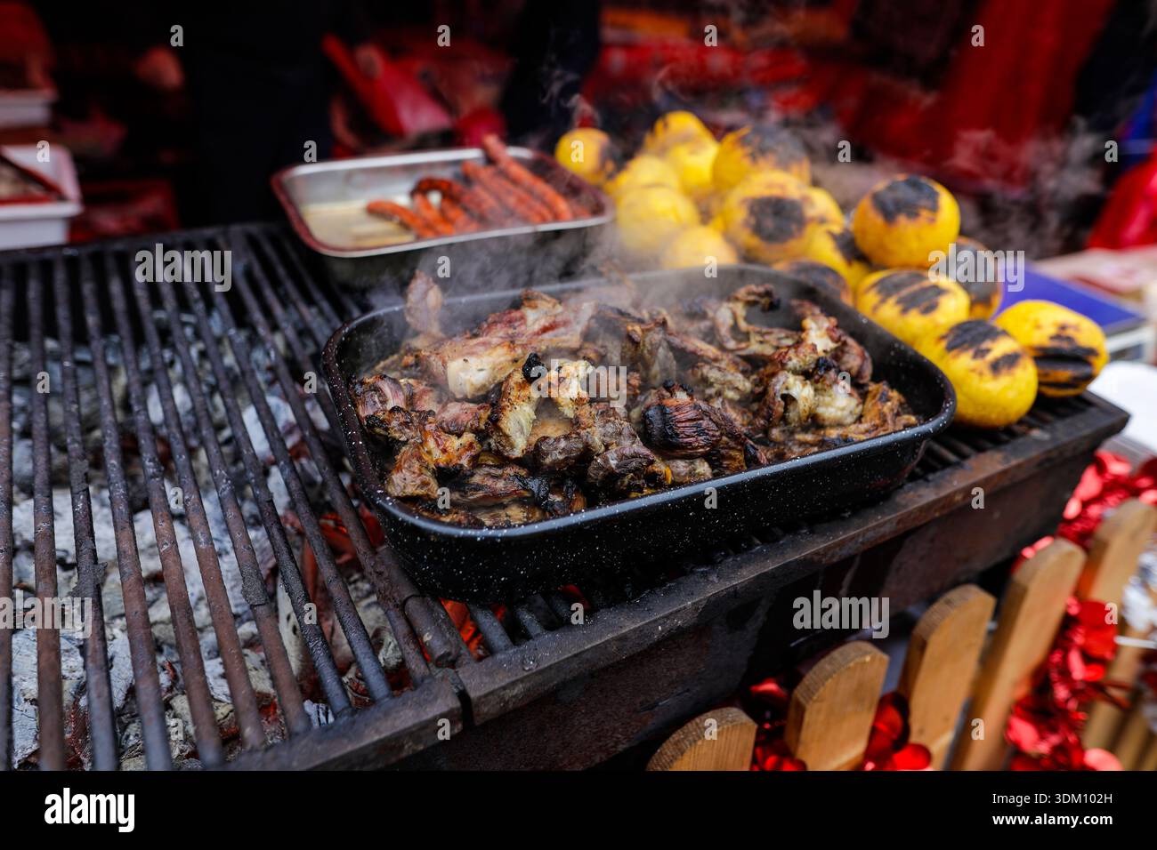 Details with Romanian traditional grilled meat and polenta. Stock Photo
