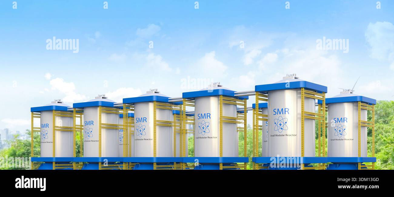 3d rendering group of smr or small modular nuclear reactors power plant ...