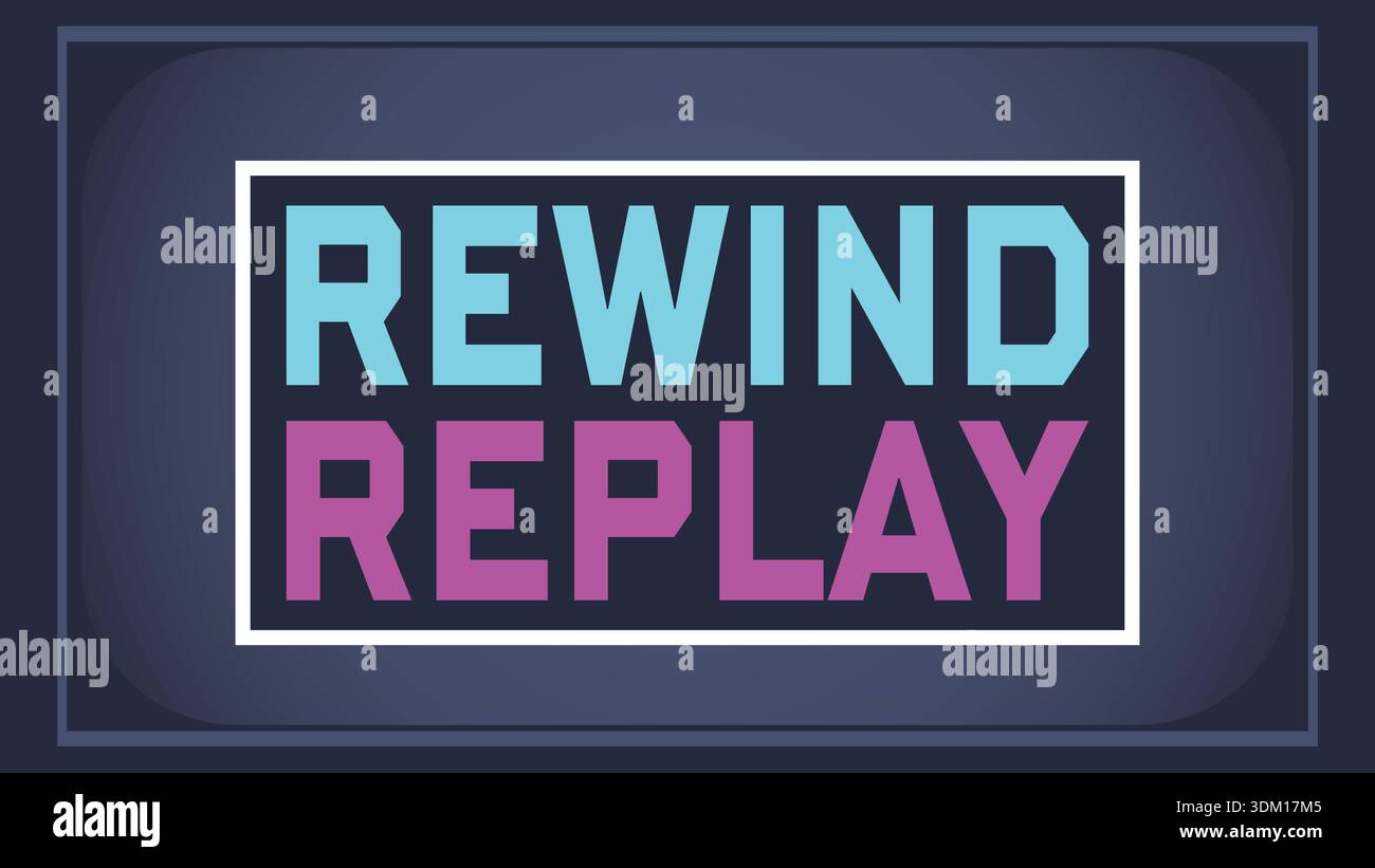 Dark rectangular label with neon style rewind replay text in a bold modern layout Stock Vector