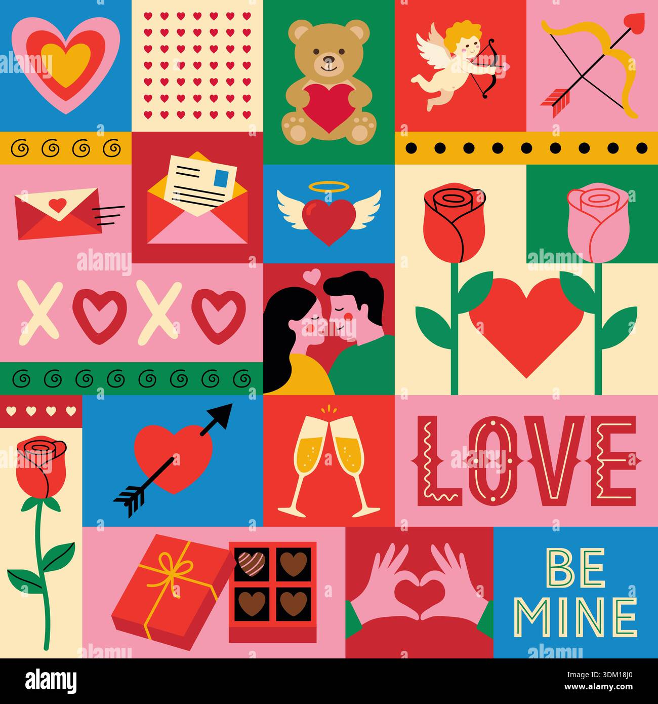 Valentines day geometric pattern background. Hand drawn love design elements. Trendy square poster template for social media. Vector illustration Stock Vector