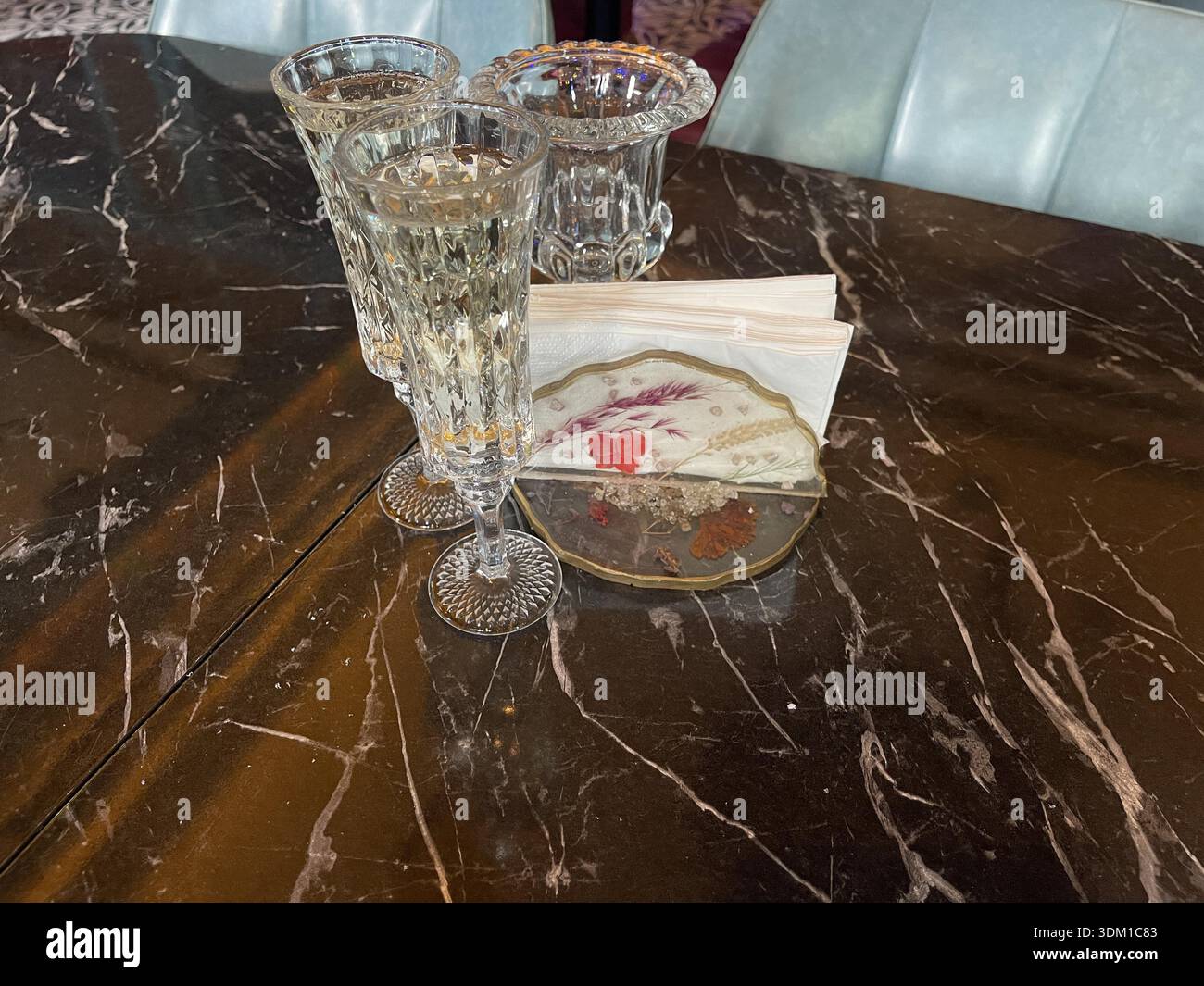 transparent glasses on the table in restaurant Stock Photo