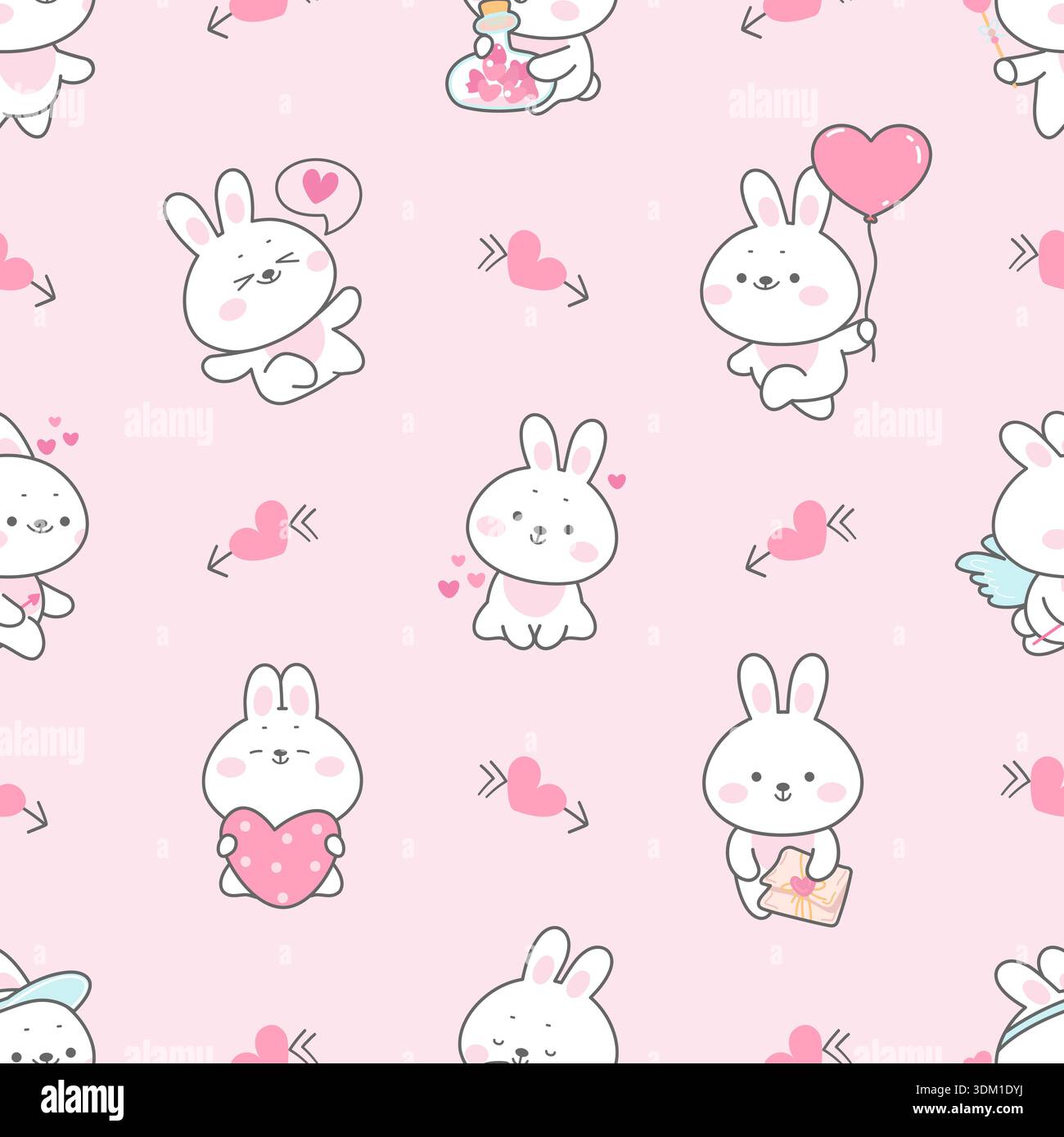 Love bunny seamless pattern. Kawaii bunnies with hearts, valentines day animal characters. Romantic animals, funny rabbit cupid, nowaday vector background original artwork Stock Vector