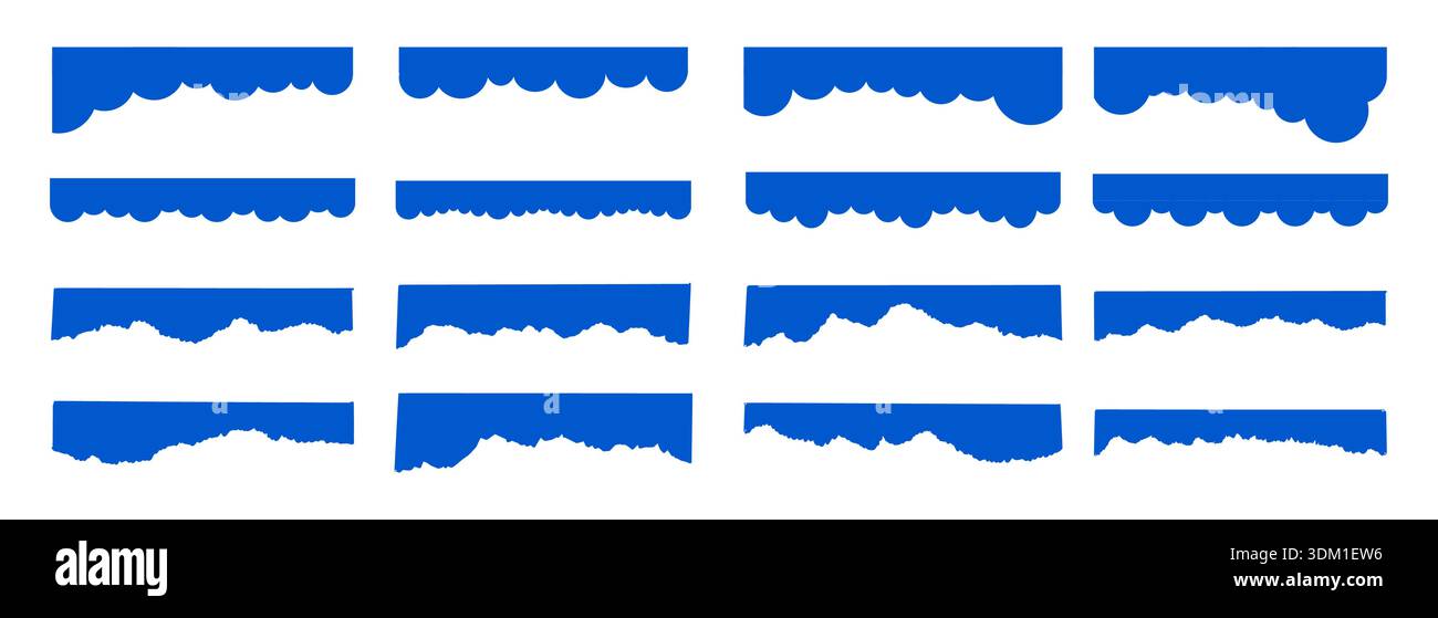 Web divider site simple clouds separator set. Fluffy curve edge header section. Blue border for banner, frame bottom, template. Vector illustration Stock Vector