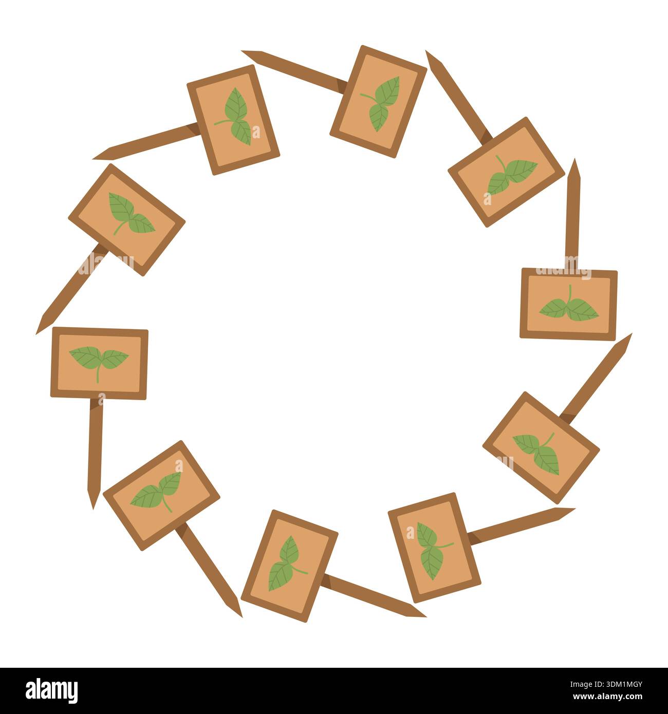 Round frame with garden stakes and signs. Summer series of flat-style illustrations. Tools for growing plants, gardening, and vegetable gardening. Stock Vector