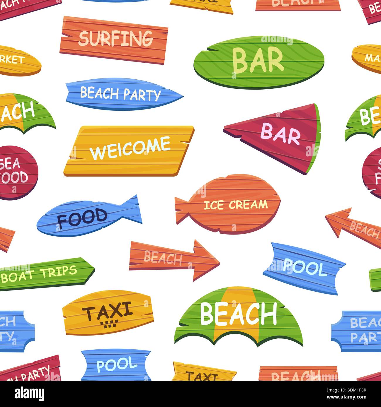 Beach wooden pointers seamless pattern. Decorative signs, sign boards and destination arrows. Print for fabric, textile, wrapping, wallpaper, vector Stock Vector
